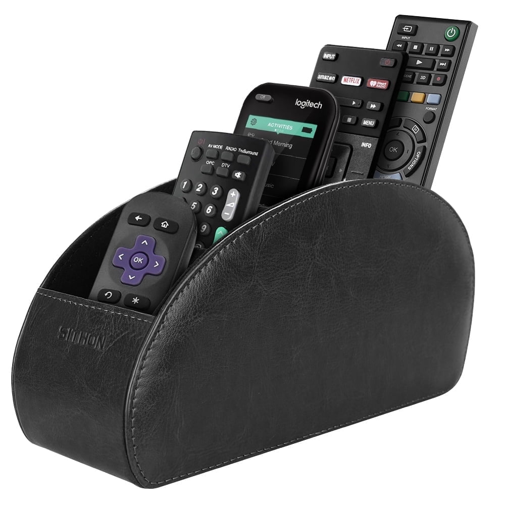 SITHON Remote Control Holder with 5 Compartments - PU Leather Remote Caddy Desktop Table Organizer Store TV, DVD, Blu-Ray, Media Player, Heater Controllers, Black