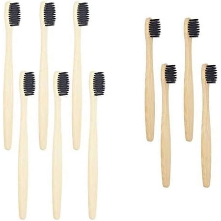LOOKSEVEN Bamboo Toothbrushes Adults & Kids Family Set 6+4 PCS Soft Bristles Wooden Toothbrushes, Natural Biodegradable BPA Free Eco Friendly Toothbrushes Black