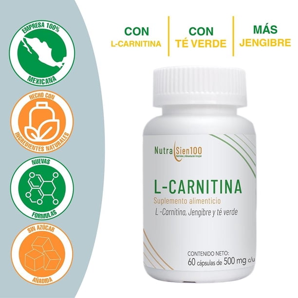 L-carnitina NutraSien100 con Jengibre y T Verde 60 Cpsulas de 500 mg |  Bodega Aurrera en lnea