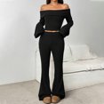 thumbnail image 2 of Kaemgyyd Women 2 Piece Set Spring Outfits Flare Long Sleeve off Shoulder Crop Top and Bell Bottoms Pants Set Rib Knit Lounge Sets, 2 of 6