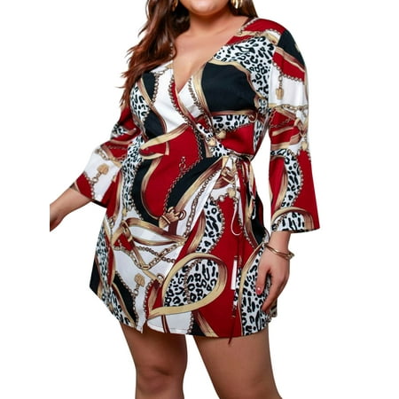 V-neck Tie Waist Dress - STARVNC Women Plus Size Cross V Neck Long Sleeves Tie Waist Printed Mini Dress
