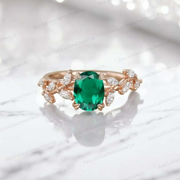KANISHKAGEMS&JEWELS 2Ct 8x6mm /Oval Emerald Engagement Ring CZ Diamond Leaf Twig Ring Nature Inspired Women Jewelry Anniversary Gift For Wife