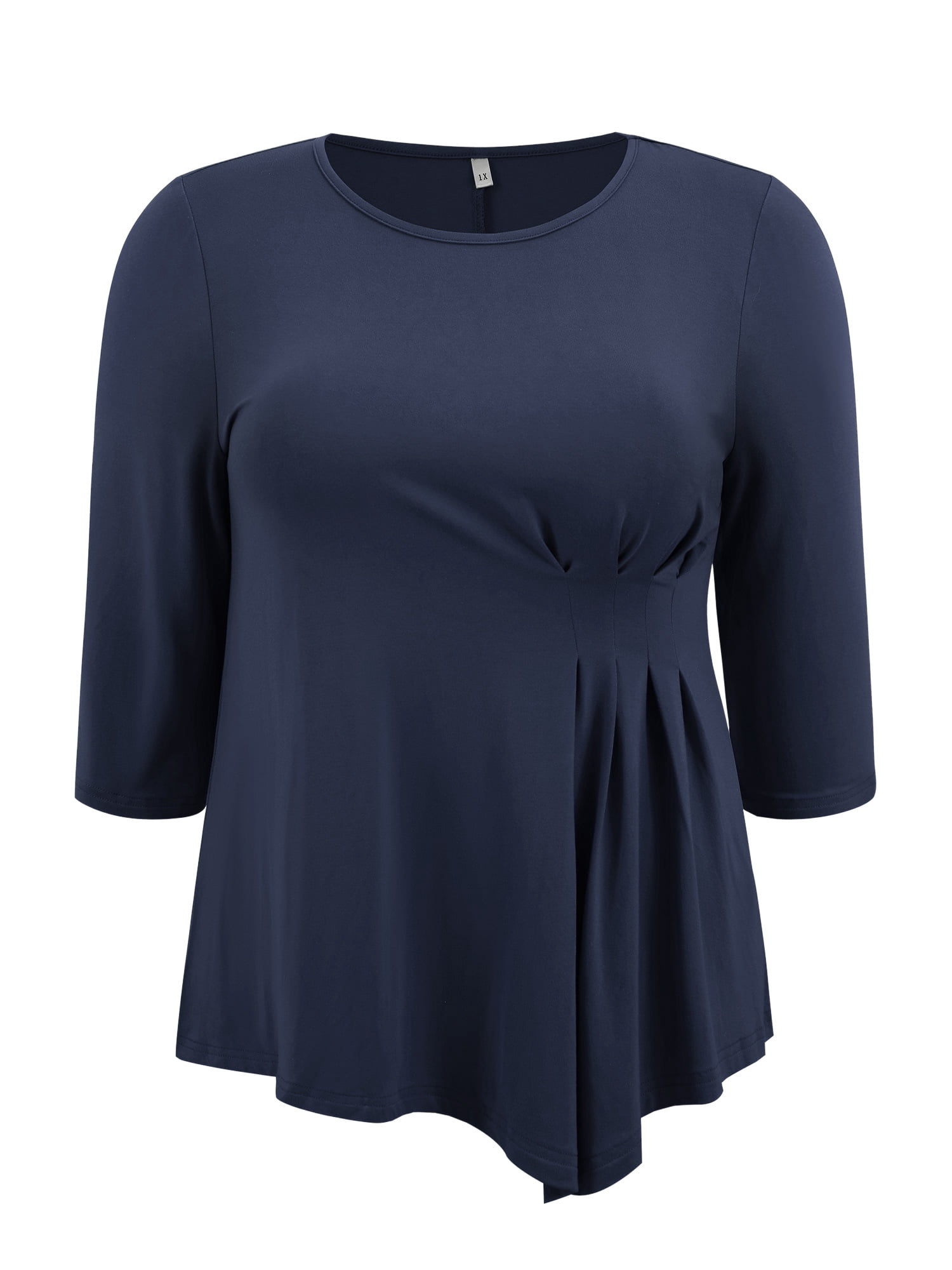 DARING DIVA Women's Plus Crew Neck 3/4 Sleeve Waist Pleated Blouse 2X Dark Blue