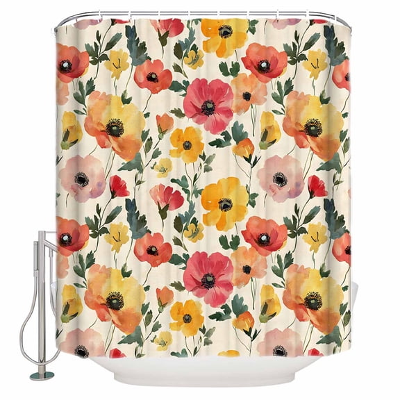 Shower Curtain Bathroom Set Yellow Poppy Flower Spring Watercolor Plant Waterproof Fabric Shower Curtains with Grommets&Hooks Blossom Floral Seamless Privacy Bath Curtain for Bathtub 36x72in