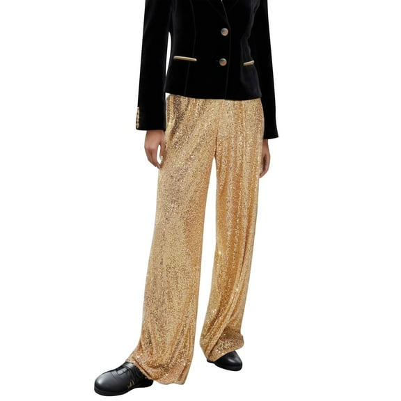 Women's Pants Wide Leg Long Sequin Gold Sparkly Green High Waist Glitter Loose Woman Relaxed Fit Trousers