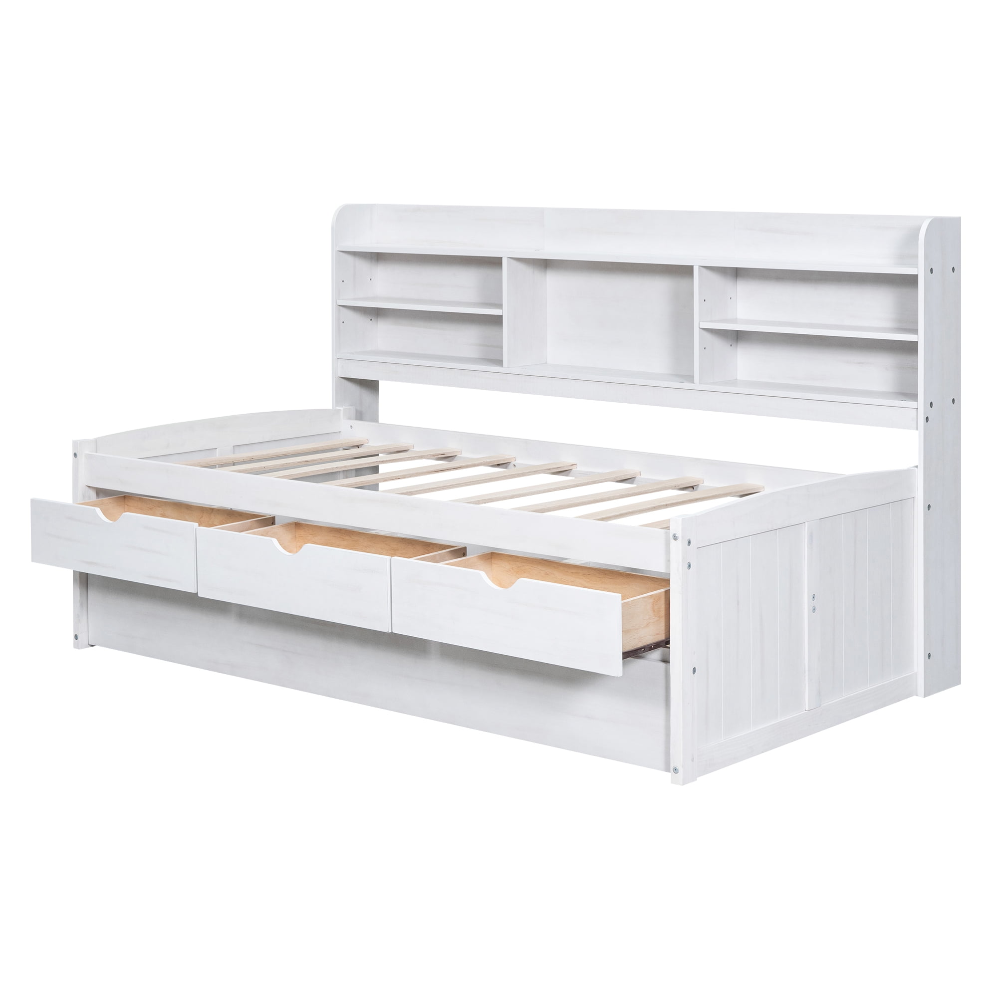 EUROCO Twin Size Captain Bed, Daybed with Trundle and Bookcase,Drawers and Shelf Platform Bed, White