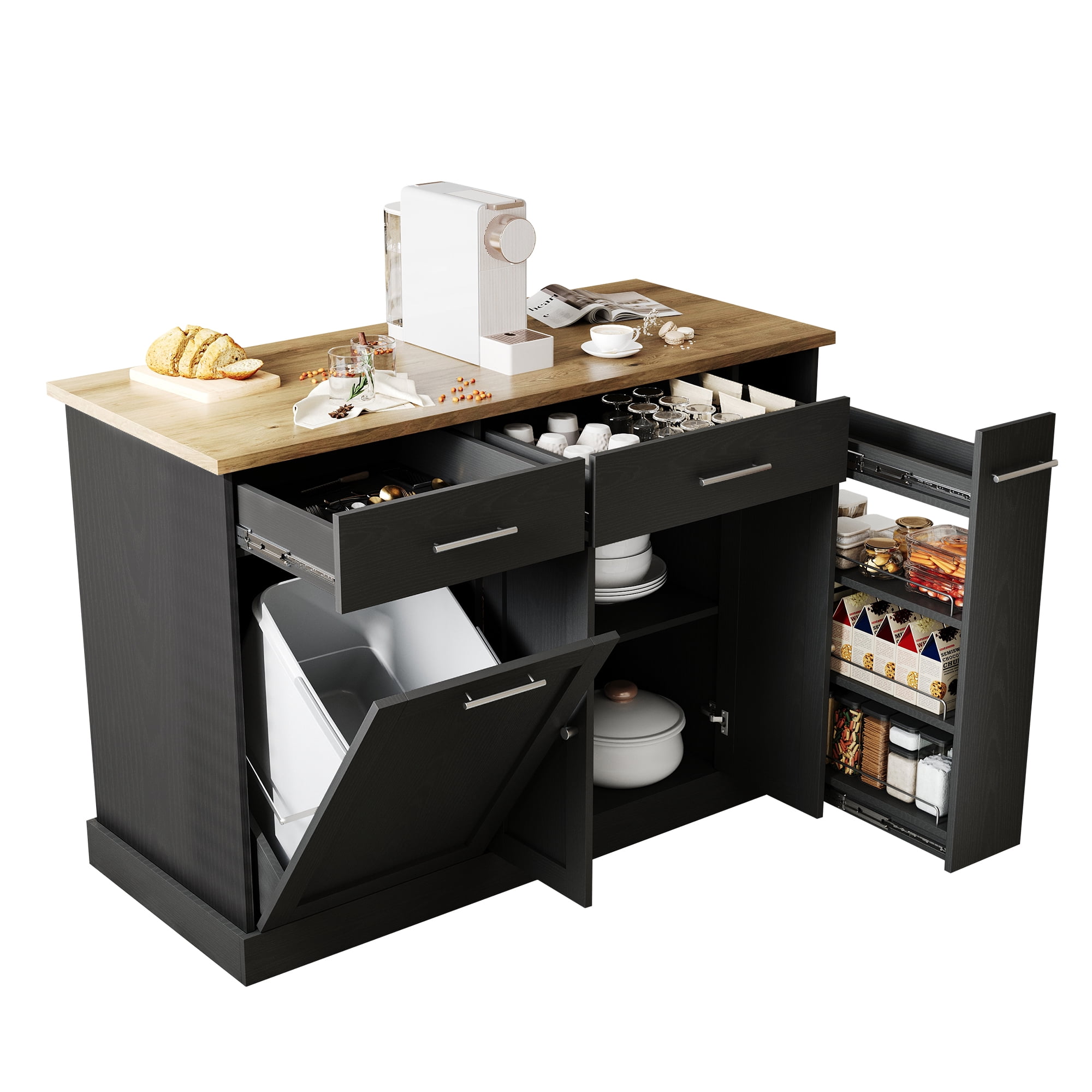 4 EVER WINNER Rolling Kitchen Island on Wheels, Mobile Kitchen Cart with Trash Can Storage, Spice Rack & Towel Rack, Kitchen Island Table with Storage, Easy-Move Kitchen Storage Island, Black