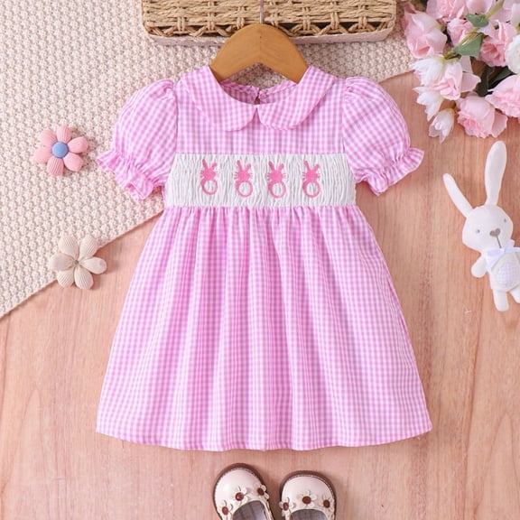 ZEHJUHAN Toddler Girls' Bunny Embroidered Dress, Lapel Collar Bubble Ruffle Sleeve A-Line Summer Dress Pink,3-6M