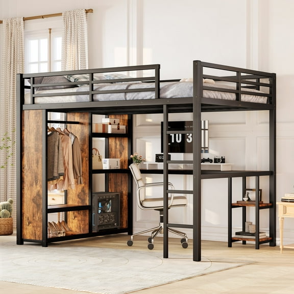 Bed Frame Queen Size Loft Bed Frame with Built-in Wardrobe, Metal Loft Bed with Desk and Storage Shelves, Woodgrain,Platform Bed Frame