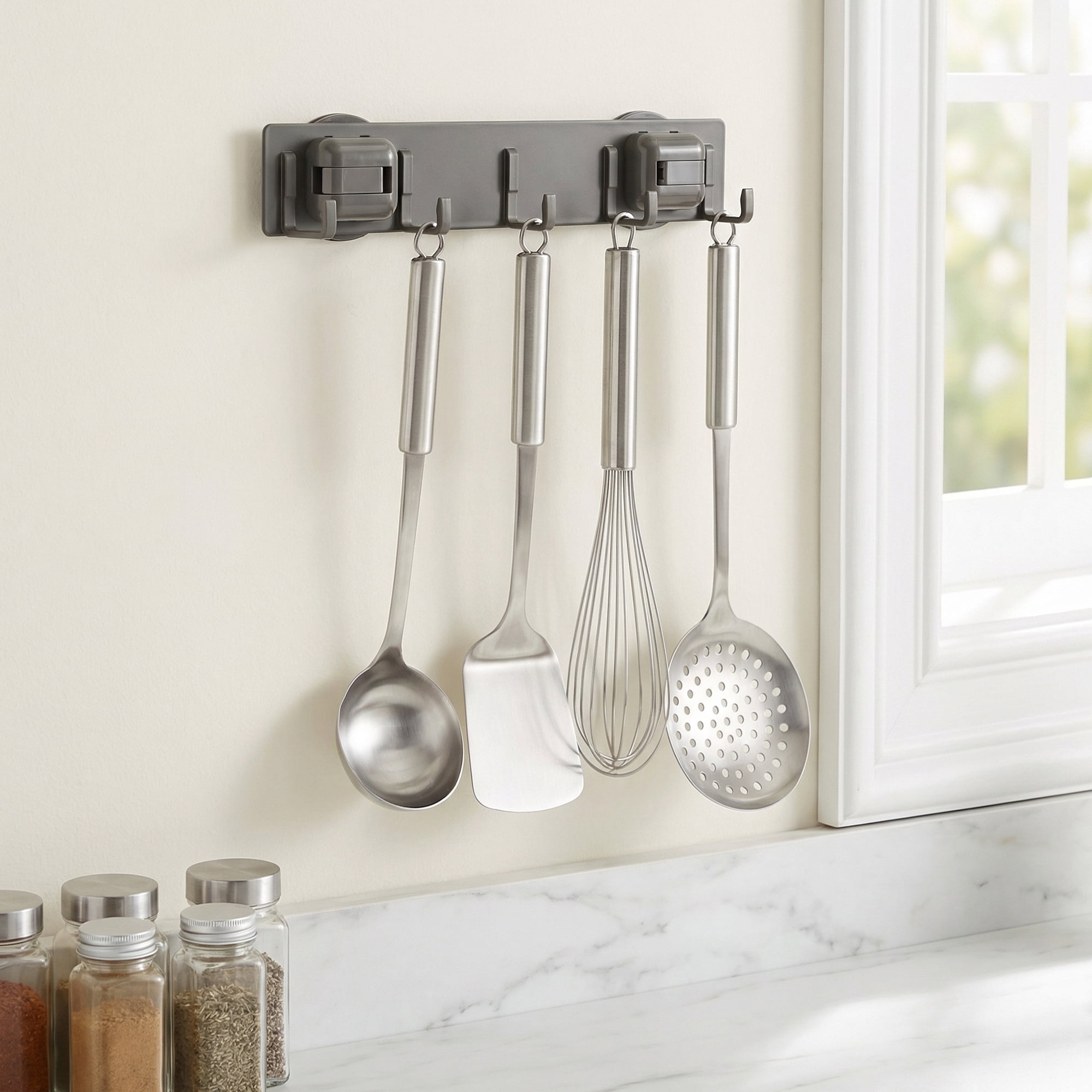 Unique Bargains Coat Rack Wall Mount Metal Suction Square 5 Hooks Rack Gray 13.2"x2.4"