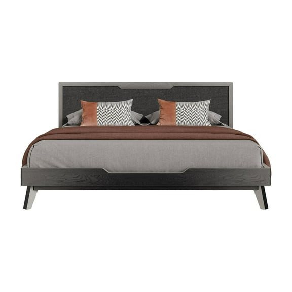 Kiran Queen Size Platform Bed, Gray Upholstered Headboard, Wood Frame