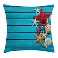 thumbnail image 1 of Starfish Decor Throw Pillow Cushion Cover, Different Types of Starfishes Scallops on Blue Painted Wooden Planks Image, Decorative Square Accent Pillow Case, 20 X 20 Inches, Multicolor, by Ambesonne, 1 of 2
