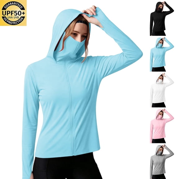 Qzwdhjm Womens UV Protection Hoodie Jackets Zip-Up Long Sleeve Hoodies with Face Mask Quick Dry Lightweight Summer Coats for Fishing Hiking