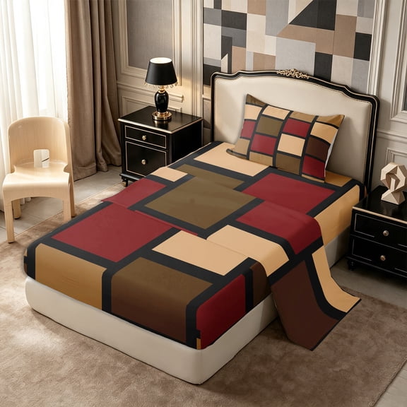 Castle Fairy Mid Century Square Block Twin Sheets 3pcs,Minimalist Vertical Grid Bedding,Burgundy Tan Black,1 Flat Sheet, 1 Fitted Sheet and 1 Pillowcase
