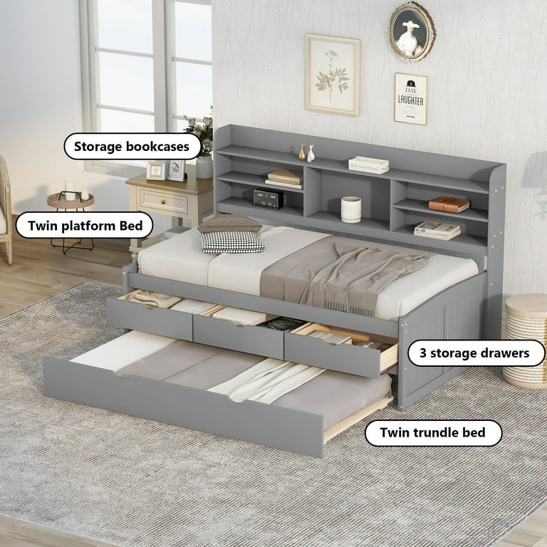 Twin size captains bed cheap with trundle and storage drawers