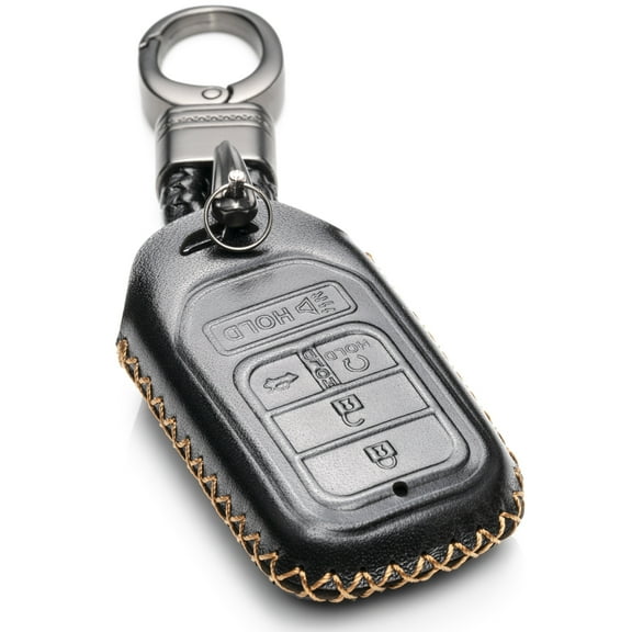 Vitodeco Genuine Leather Smart Key Keyless Remote Entry Fob Case Cover with Key Chain for Honda Civic, Fit, Accord, Pilot, CR-V (5 Buttons, Black)