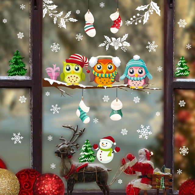 Merry Christmas Birds Snowflake Christmas Tree Owl Boots Pattern Wall Sticker Removable Wallpaper