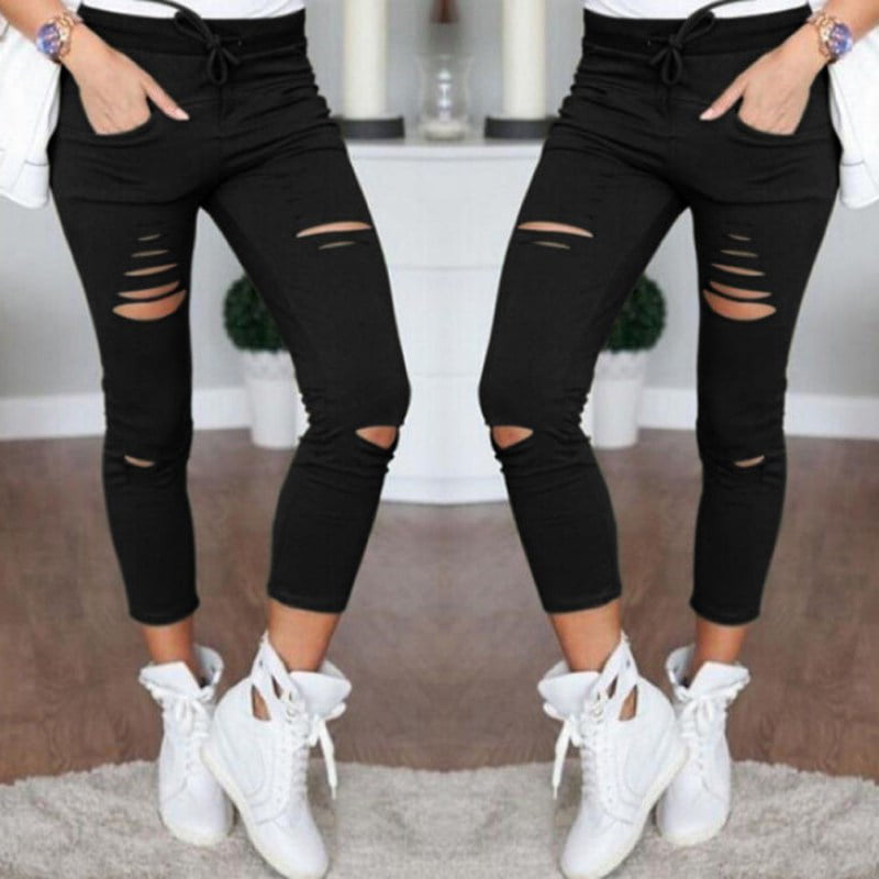 Womens Ripped Slim Skinny Jeans Leggings Pants Stretch Pencil Jeggings Trousers