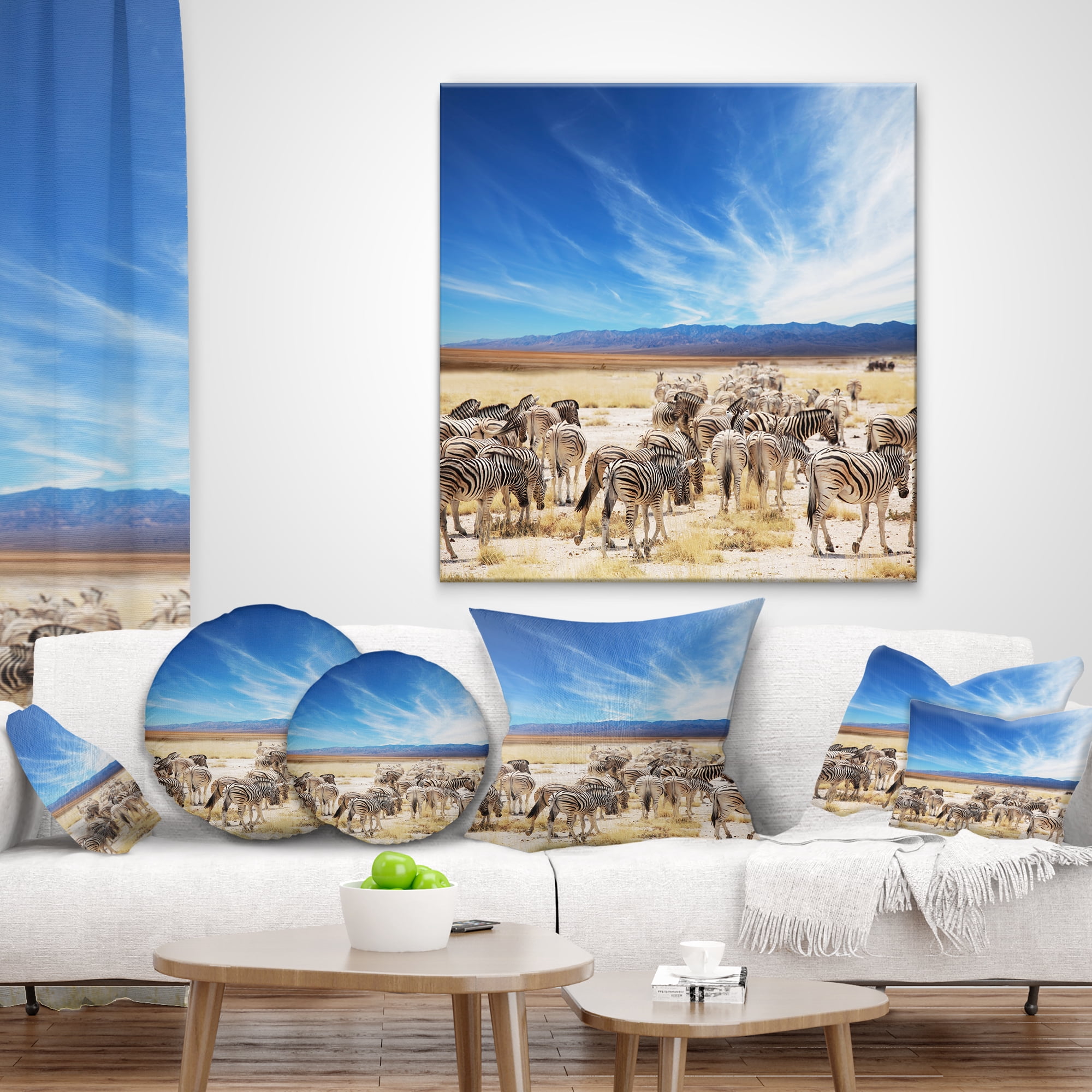 Designart Herd of Zebras under Blue Sky - African Throw Pillow - 12x20