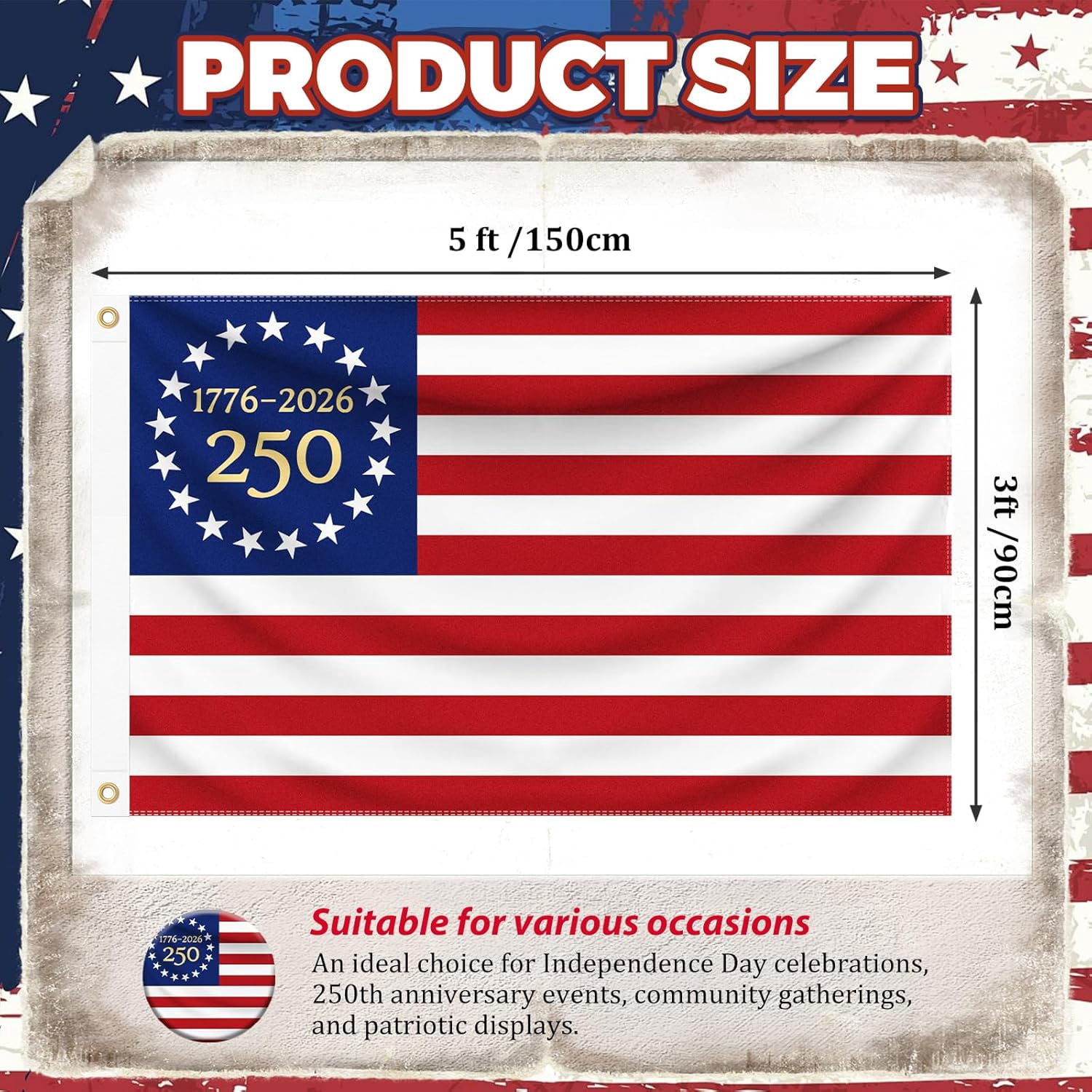 3x5 ft 250 Years Anniversary American Flag, 1776-2026 USA Flag, Vintage Stars Design for 250th Independence Day Birthday, Patriotic Outdoor Flag for Home Yard Porch Wall Outside Decorations