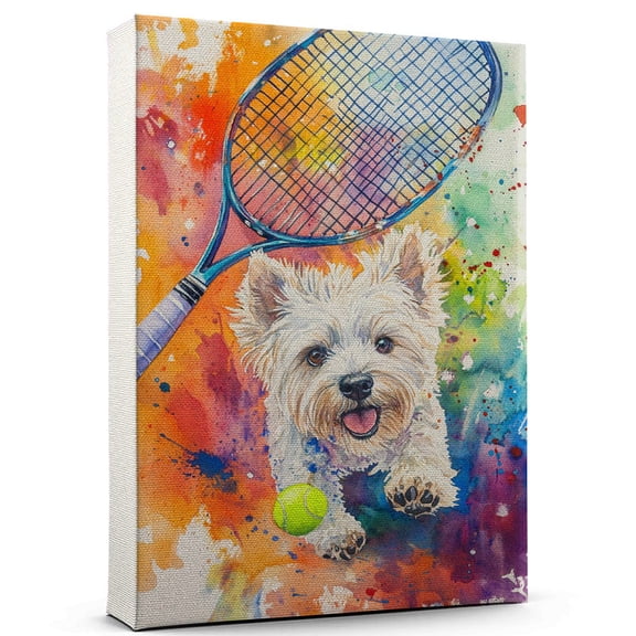 West Highland White Terrier Dog Playing Tennis Wall Stretched Canvas Size 8x12 – West Highland White Terrier Canvas Art for Dog Lovers, Tennis Canvas Wall Decor