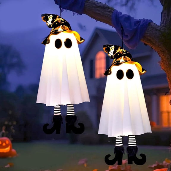2PCS Halloween Hanging Ghosts with Lights Decorations Outdoor Hanging Ghosts with Witch Hat, Glowing Ghost Witch Hat Lights, Halloween Ghost Decor for Yard Patio Garden Tree Outside Party Supplies