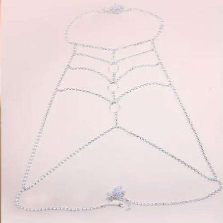 HOOUN Sexy Body Bra Harness Chain for Women Rhinestone Chest Body Lingerie Jewelry-Silver