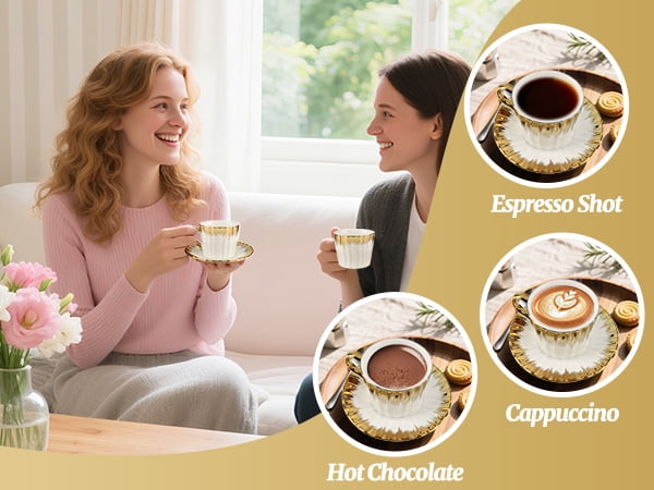 3.2oz Ceramic British Coffee Cup Set of 6, Italian Turkish Cappuccino Cups Porcelain Espresso Cups and Saucers with Gold Trim for Double Espresso Cappuccino Latte Mocha Tea