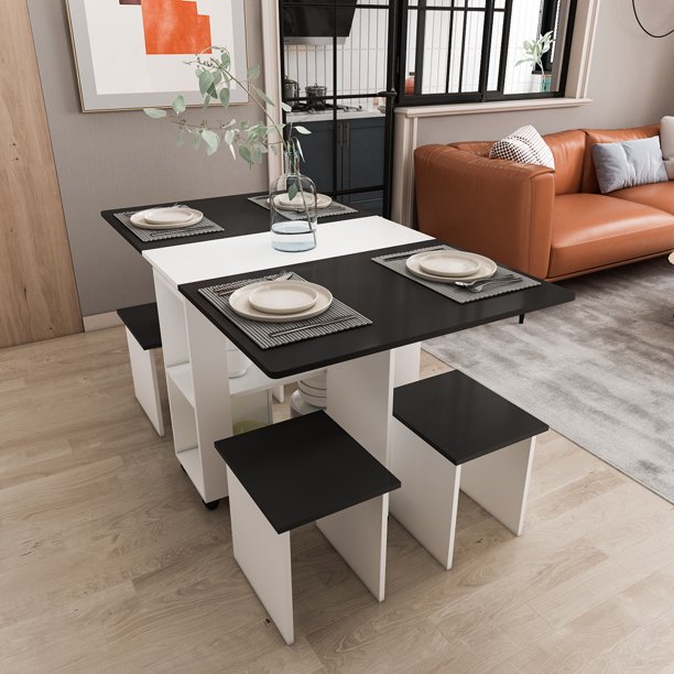 Woodyhome Rolling Kitchen Dining Table With Drop Leaf Folding Set 4 Chairs Two Tier Storage Suit For Smaller Spaces Com Woodyhome Rolling Kitchen Dining Table, Can You Make A Dining Table Smaller