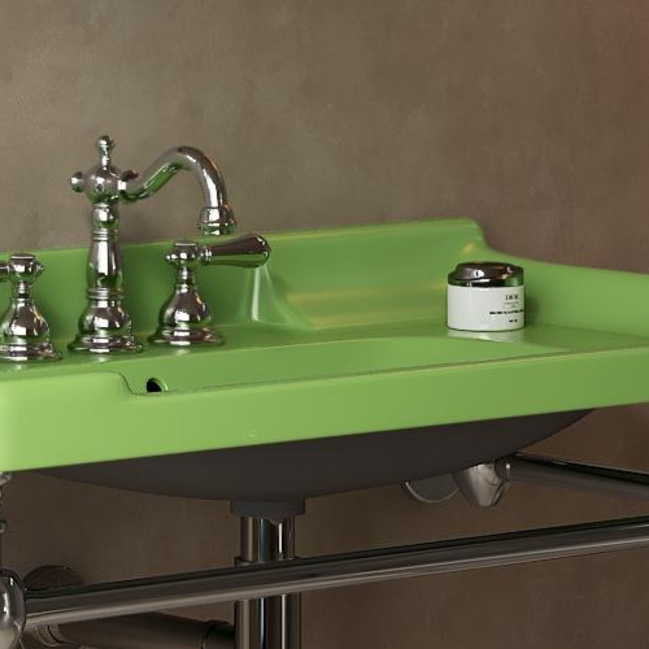 Noble House Vici 36" Bathroom Ceramic Basin Sink, 3 Faucet Holes with Wide Countertop Deck Toiletries Storage, Green