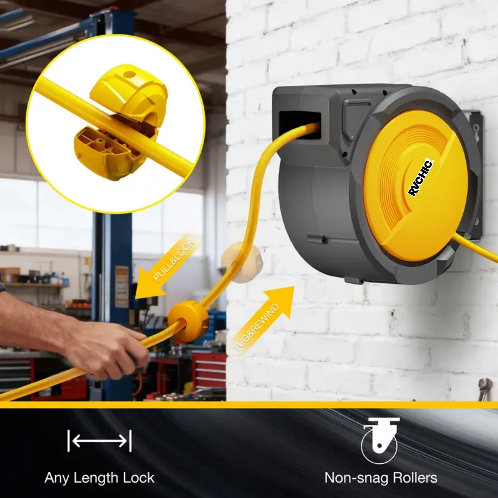 Rvchic 5/16"x65 ft Retractable Air Hose Reel with 180°Swivel & Lock,300 PSI Pneumatic Hose Reel with 6.5ft Lead-in,Any Length Lock,for Automotive Maintenance,Yellow