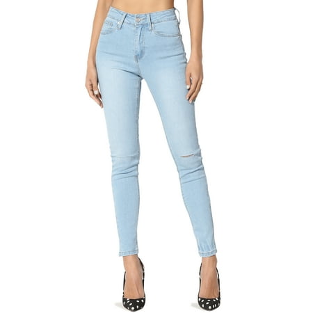 TheMogan Women's Petite Blue Vice High Rise Ripped Stretch Cropped Skinny