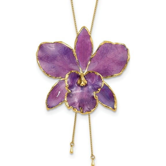 Fashion 24K Gold-Trim Lacquer Dipped Purple Cattleya Orchid Adj Gold-Tone Necklace Made In Thailand bf2012
