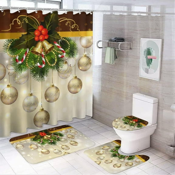 4Pcs Christmas Bathroom Curtain Set with Non-Slip Rug, Toilet Lid Cover and Bath Mat, Xmas Snowflakes & Snowmen Shower Curtains with 12 Hooks, Christmas Shower Curtain Sets for Bathroom, 71 x 71 Inch