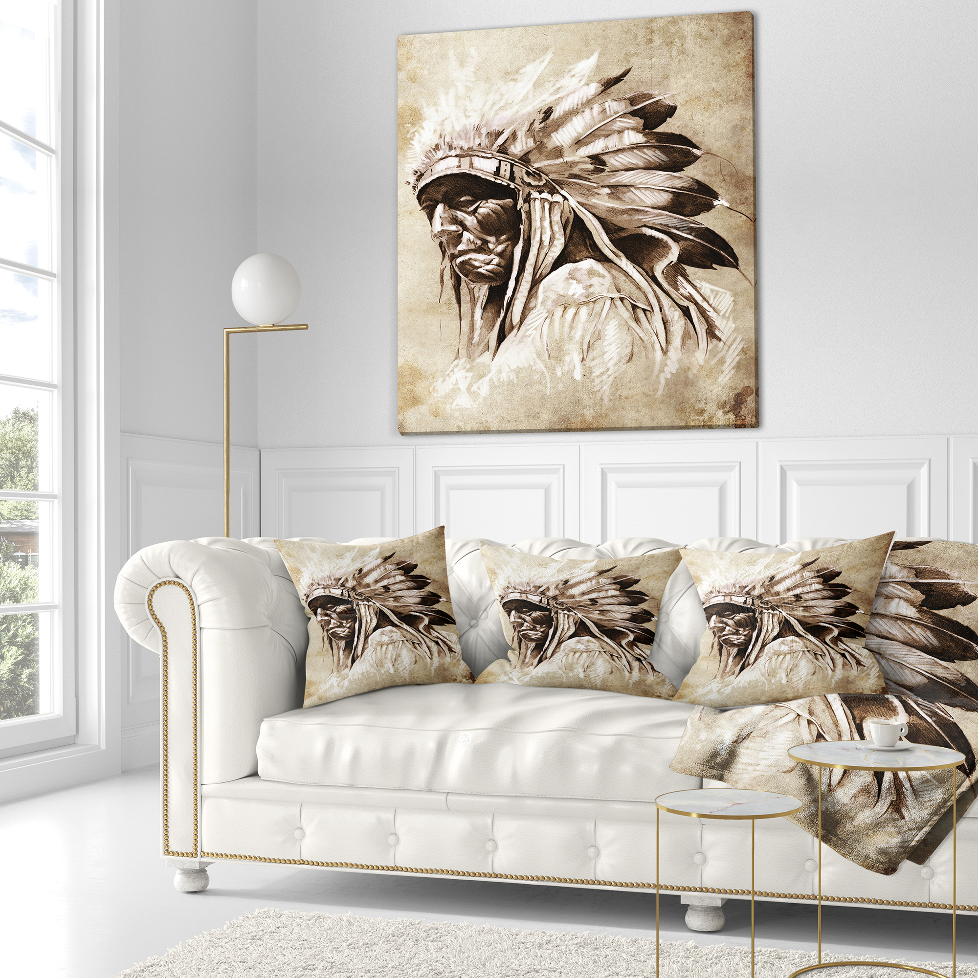 Designart Vintage Style Indian Head Tattoo - Abstract Throw Pillow - 18x18