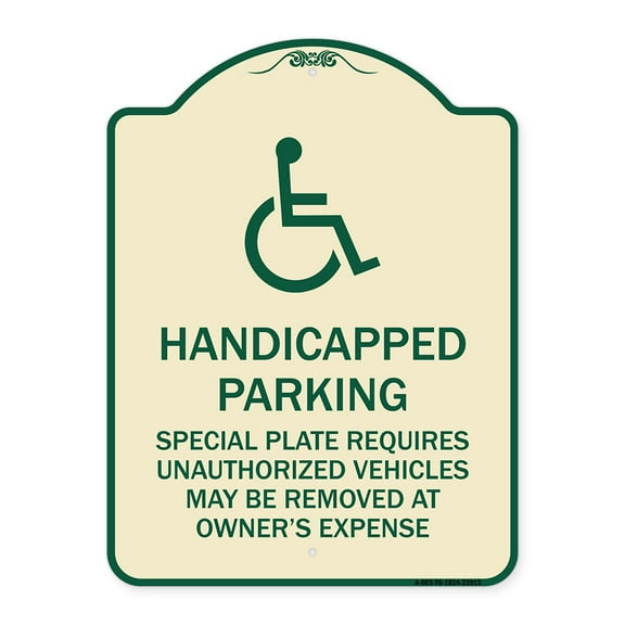 SignMission Designer Series Sign - Handicapped Parking - Special Plate Required - Unauthorized Vehicles May Be Removed at Owner's Expense | Tan & Green 18" x 24" Heavy-Gauge Aluminum