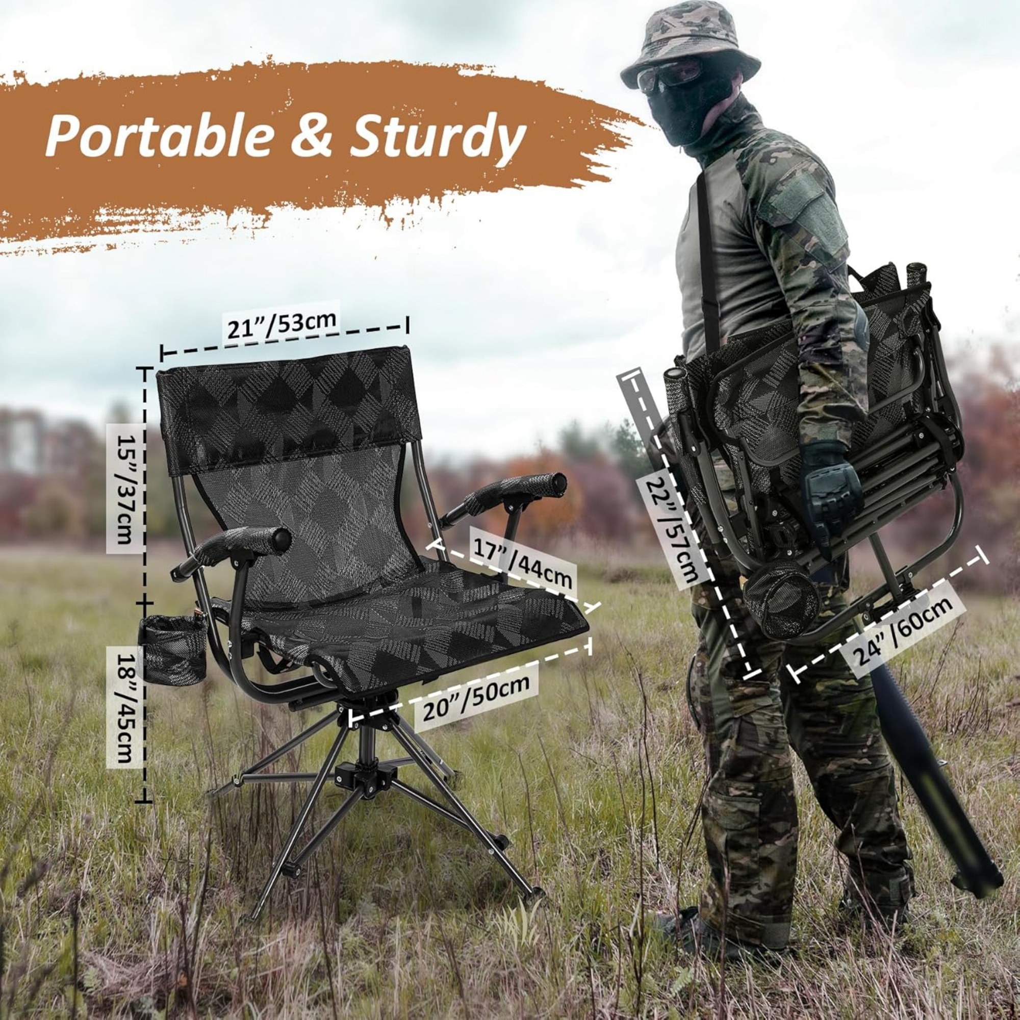 RedSwing 360° Swivel Hunting Chairs for Ground Blinds, Portable Folding Camping Chairs for Adults Hunting Seats with Hard Arms for Outdoor Fishing Camping