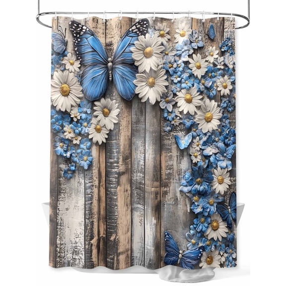 Fsddascl Blue White Daisy Shower Curtain Set - 36" x 78" Washable Bathtub Curtain with 12 Hooks, Vintage Pastoral Butterfly Rustic Wood Waterproof Fabric Stall Shower Curtains for Bathroom/Bathtub