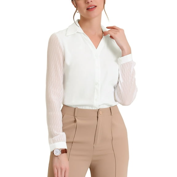 INSPIRE CHIC V Neck Blouse for Women's Lapel Collar Mesh Panel Lantern Sleeve Elegant Office Work Shirt XS White