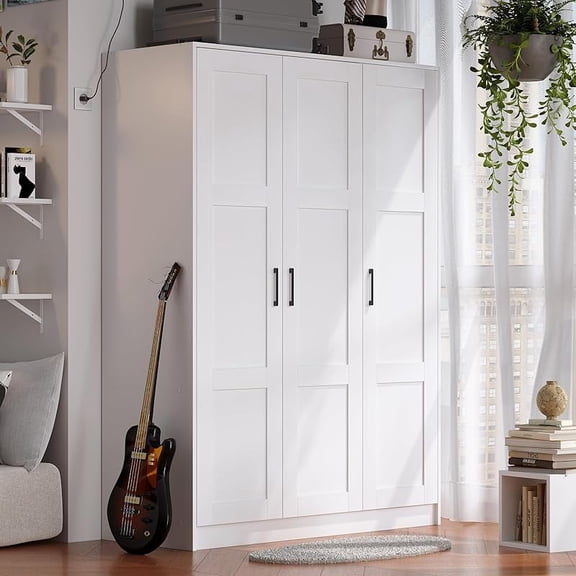 Doors Wooden Wardrobe Closet Armoire, White Storage Cabinet for Hanging Clothes, Bedroom Large Capacity Freestanding Armoire,Wood Wardrobe Combination with Shelves