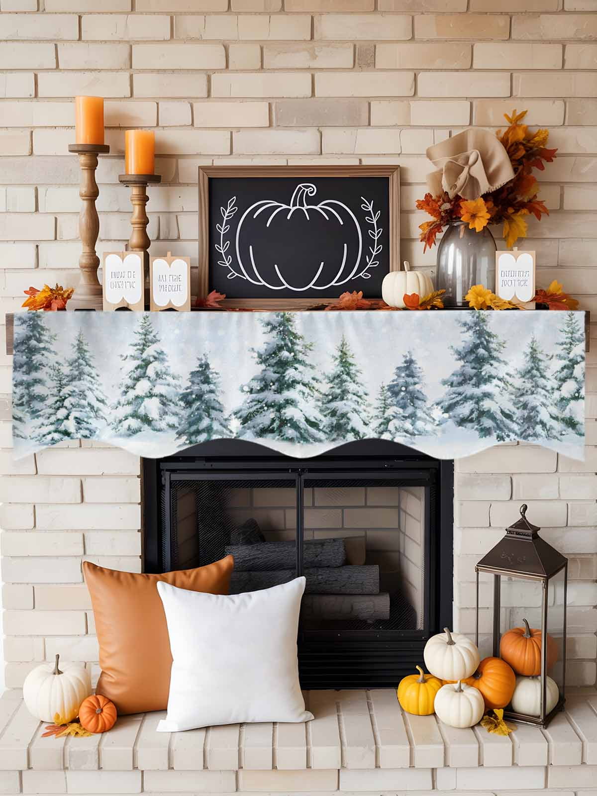 Christmas Tree Fireplace Mantle Scarf Winter Snow Scene Pine Trees Forest Farmhouse Mantel Cover Runner Fireplace Cloth for Holiday Party Home Living Room Decor 90 x 17 Inch
