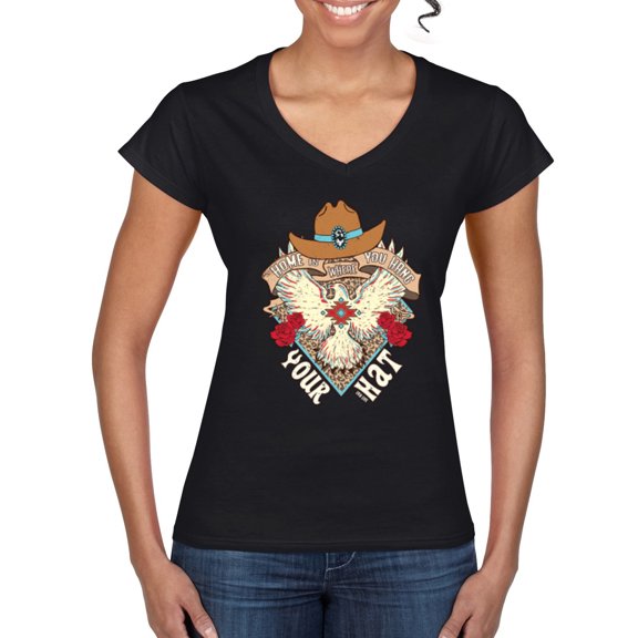 Wild Bobby Home Is Where You Hang Your Hat Country Eagle Pop Culture Women Standard V-Neck Tee, Black, Small