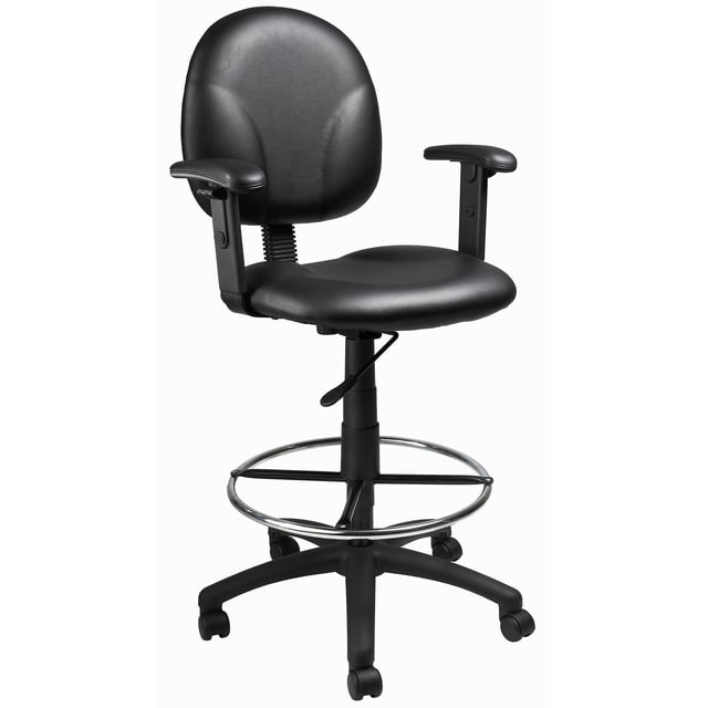 Boss Office Adjustable Arm Faux Leather Upholstered Drafting Stool in Black