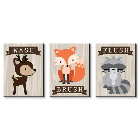 Woodland Creatures - Kids Bathroom Rules Wall Art - 7.5” x 10” - Set of 3 Signs - Wash, Brush,