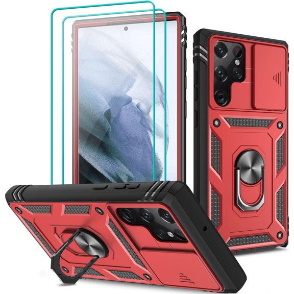 for Samsung Galaxy S22 Ultra Case with Slide Camera Cover & Screen Protector*2, S22 Ultra Case Build in 360° Rotating Ring Kickstand, Military Grade Protective Case for Galaxy S22 Ultra Case Red Black