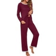thumbnail image 3 of Women's Long Sleeve Sleepwear Soft Crew Neck Pyjama Set,Wine Red, 3 of 5