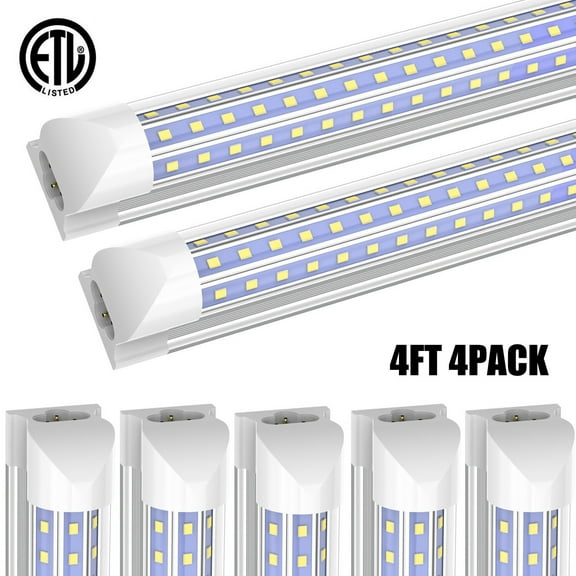 4PCS T8 4FT LED Tube Light Garage 60W Ceiling Wall Shop Light Fixture D Shape 4'
