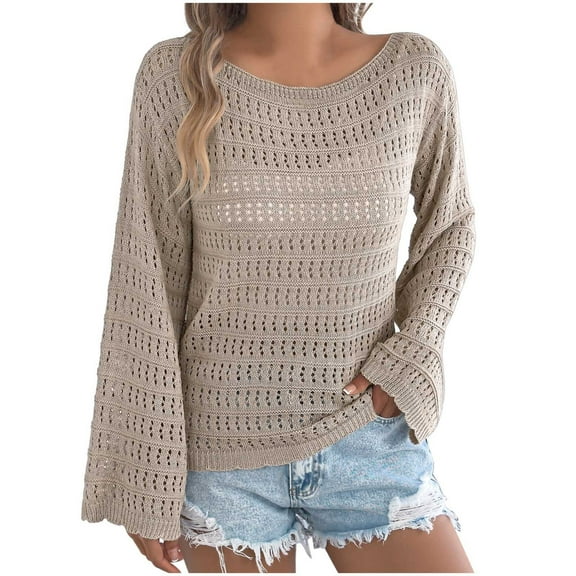 Womens Sweaters Lightweight Casual Long Sleeve Blouses Loose Crochet Hollow Out Knit Pullover Tops Clothing