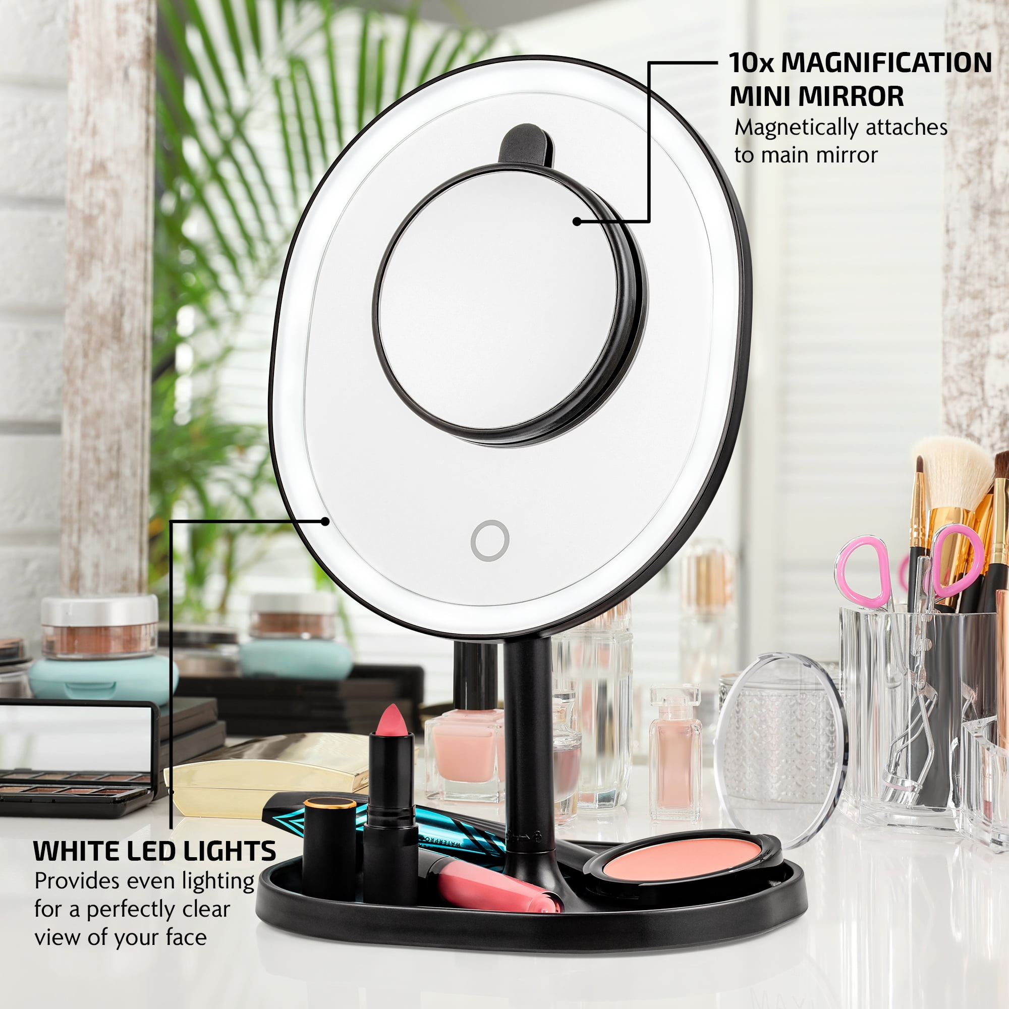 OVENTE 9" Rechargeable Lighted Tabletop Makeup Mirror with Mini Magnetic 10X Magnifying Mirror, Touch Screen Dimmable LED Lights, Portable Vanity Mirror Perfect for Bathroom or Travel, Black MOT22B