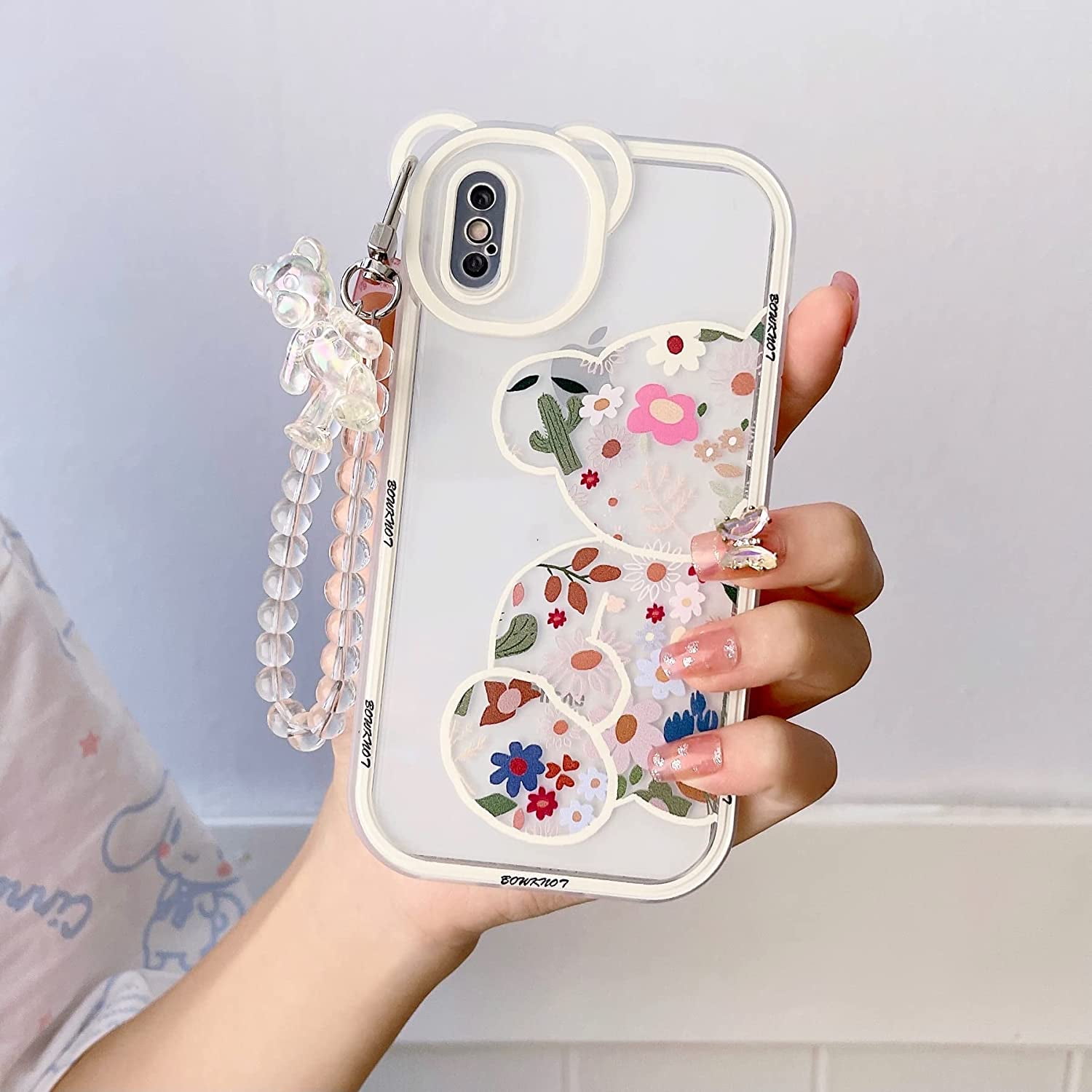 GFDYREE Compatible with iPhone Xs Case Cute Flowers Bear Camera Protector Clear Case with Lovely Strap Bracelet Chain Girls Women Case for iPhone X